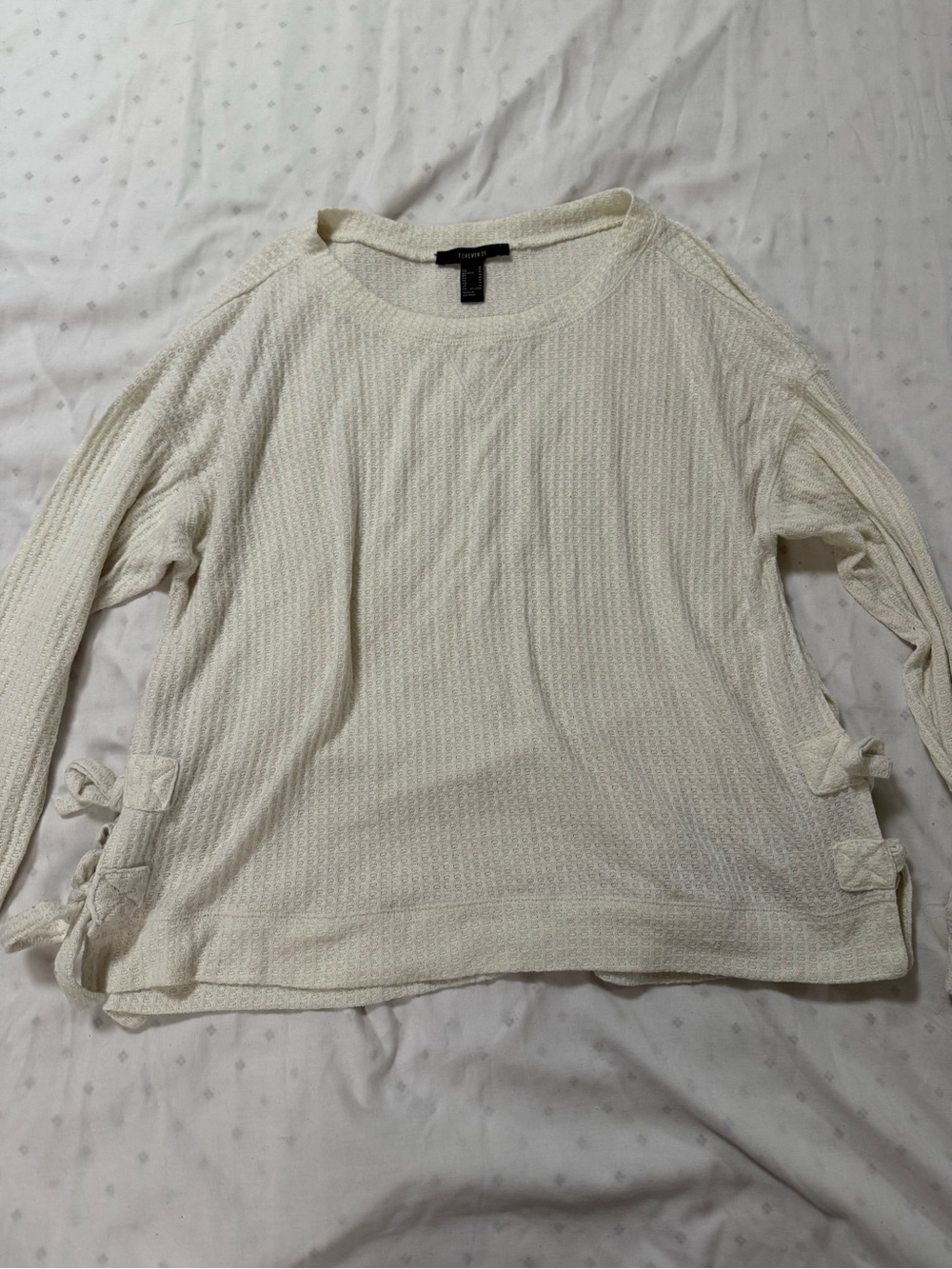 Forever 21 Cream Knit Long Sleeve Top with Side Bow Details